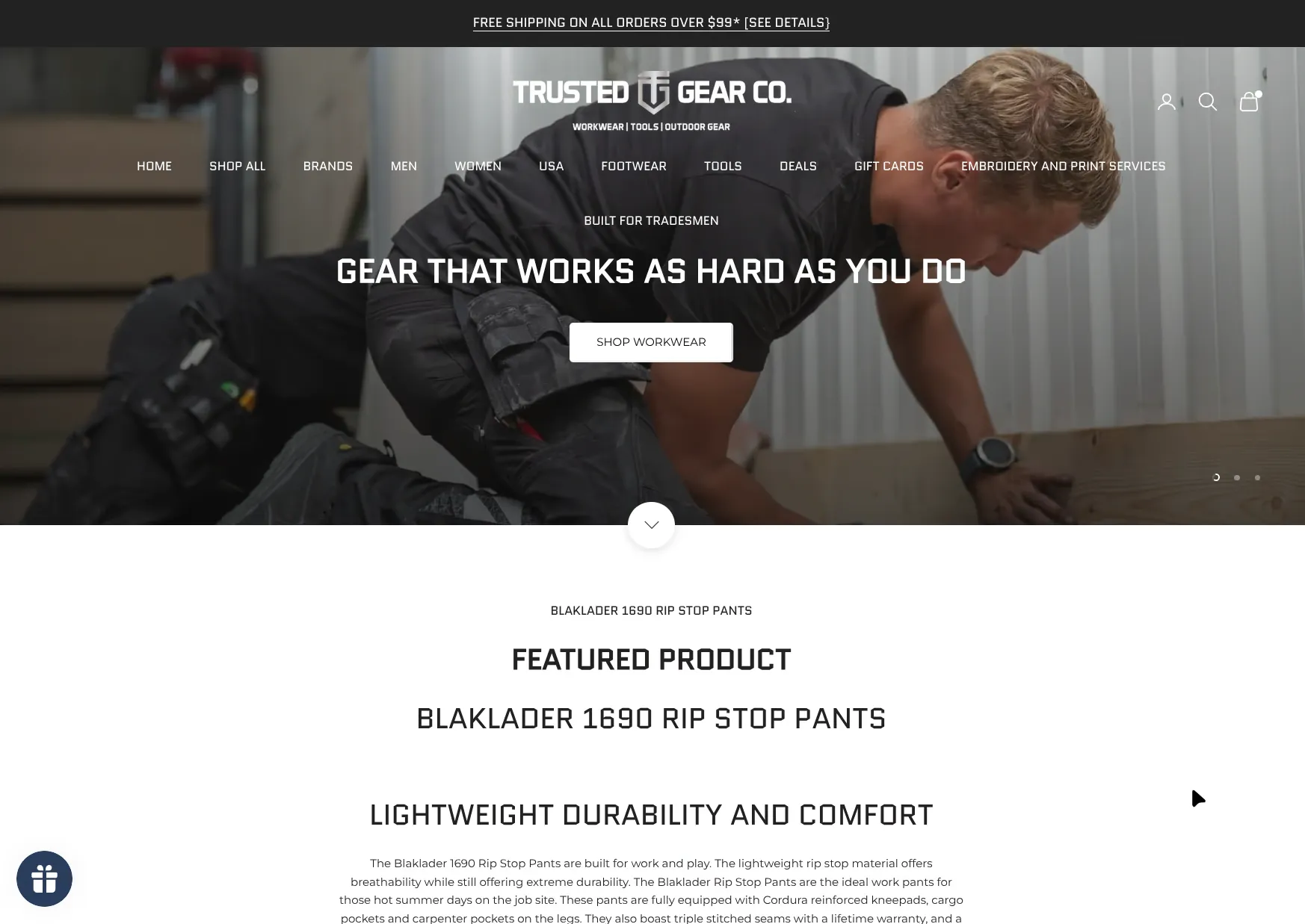 Trusted Gear Co old homepage screenshot